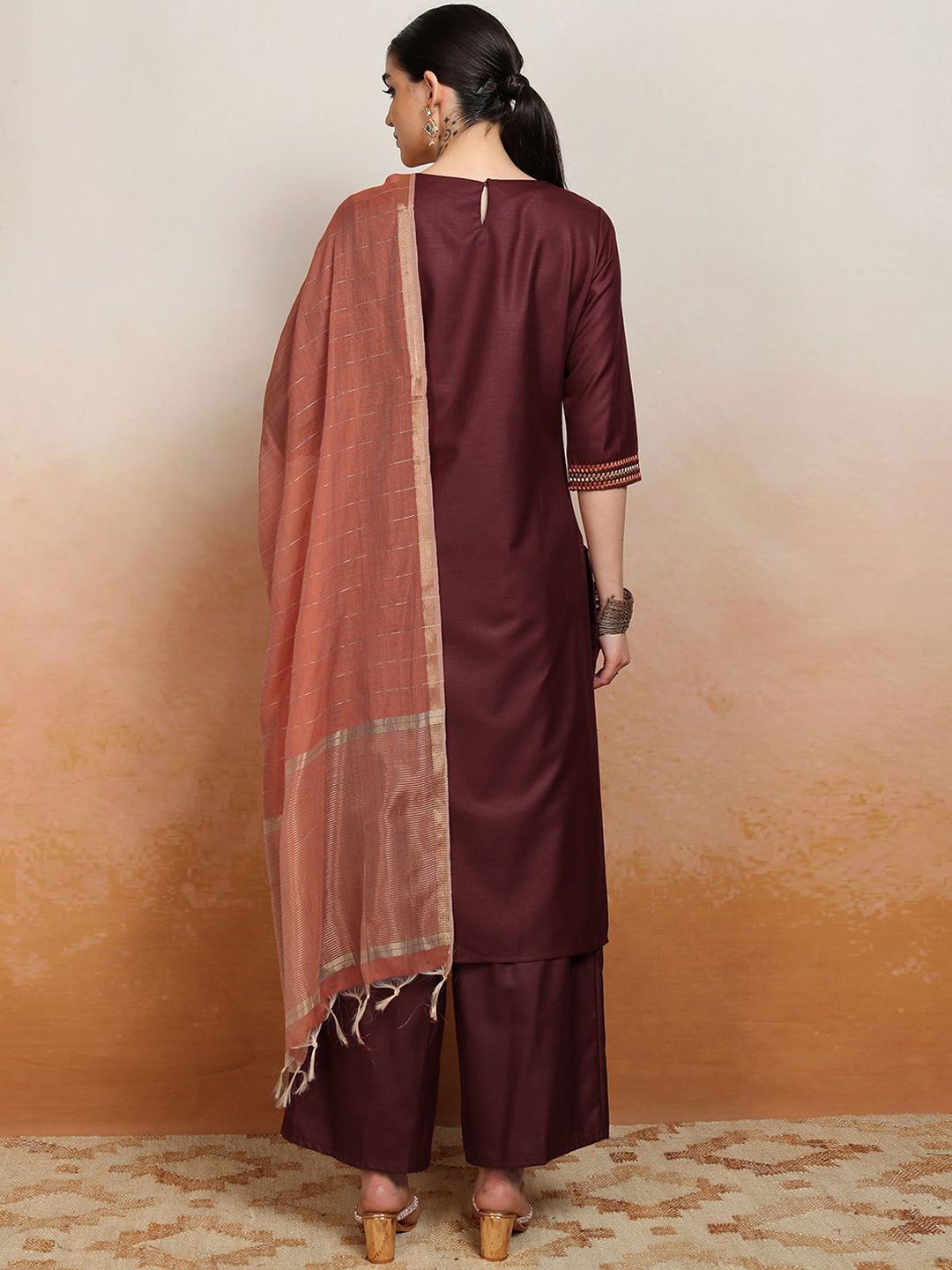 Vishudh Embroidered Rund Neck Straight Kurta & Palazzos With Dupatta - Swadesiicart