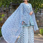 Juniper Women's Blue Cotton Cambric Floral Placement Printed Anarkali Kurta Sharara & Dupatta Set | Swadesiicart