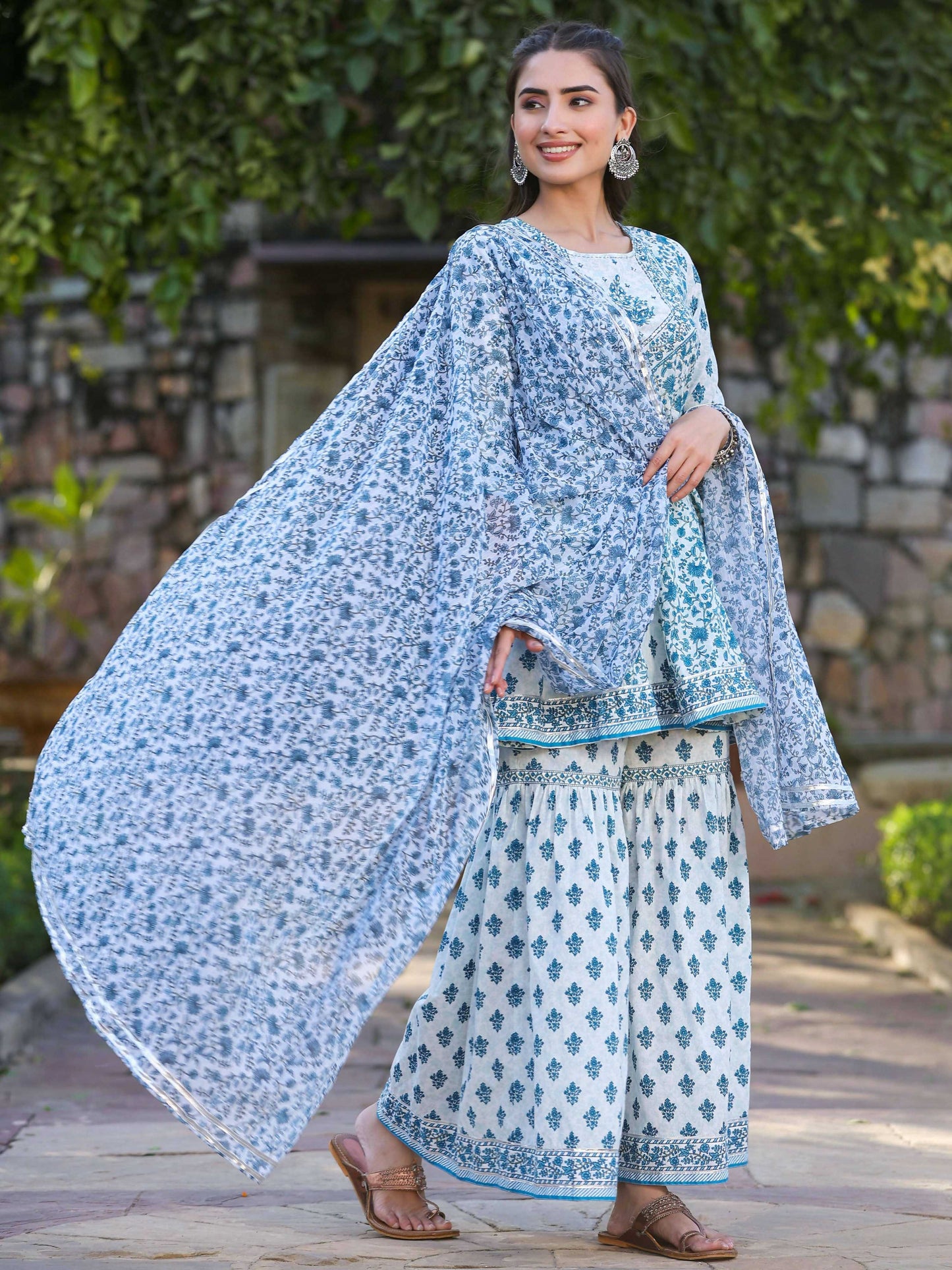 Juniper Women's Blue Cotton Cambric Floral Placement Printed Anarkali Kurta Sharara & Dupatta Set | Swadesiicart