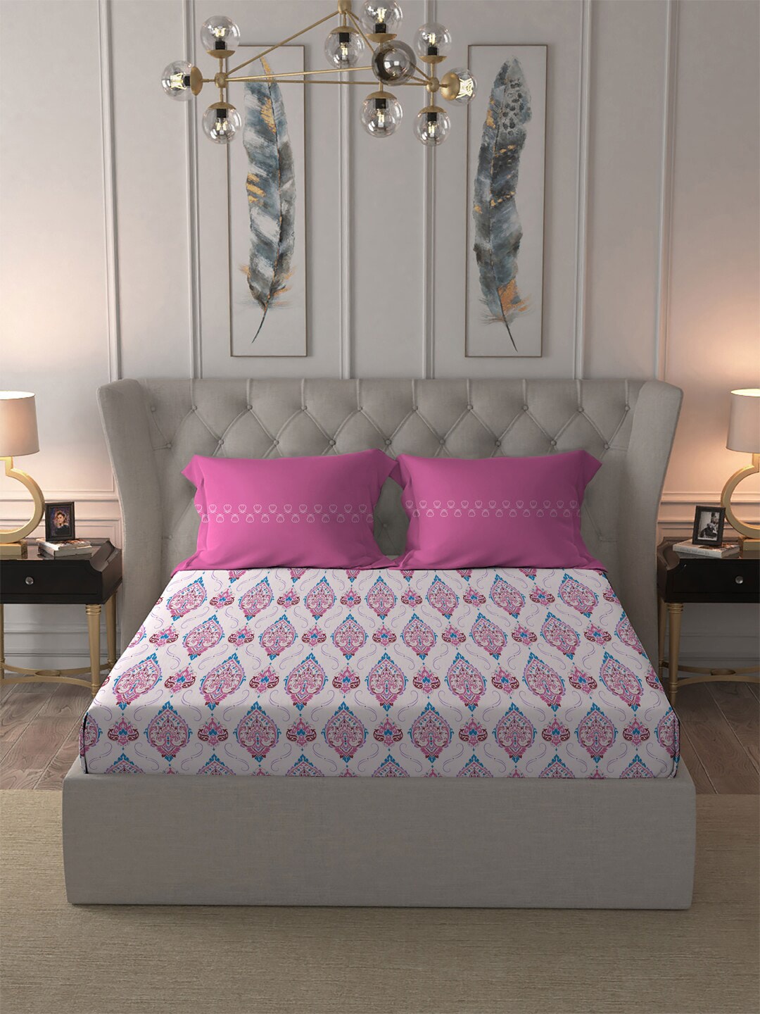 MYTRIDENT Moments Pink White Ethnic Pure Cotton 120 TC Queen Bedsheet Pillow Covers - Swadesiicart
