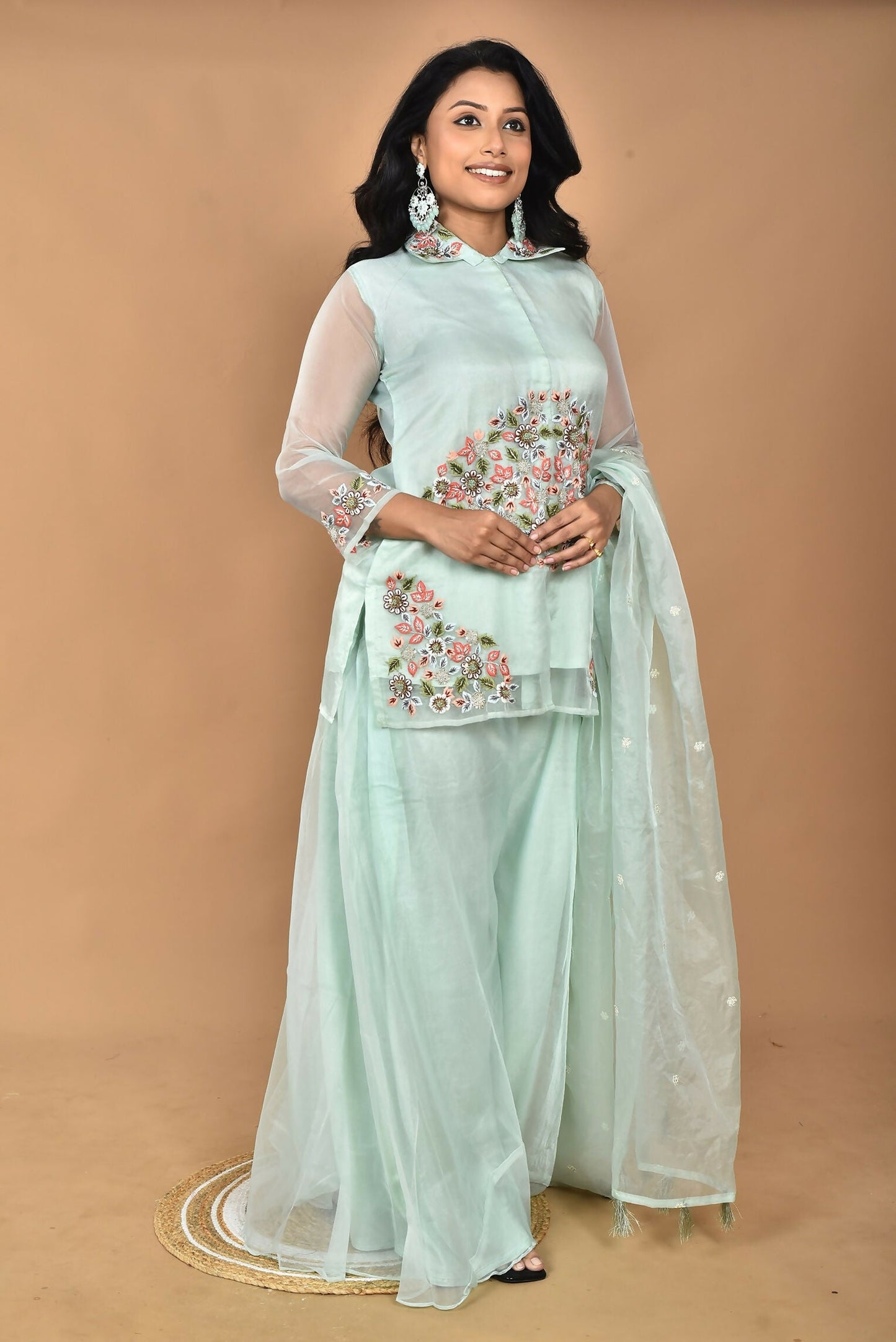 Morchari Women And Hand Embroidery Palazzo Set-Sea Green - Swadesiicart