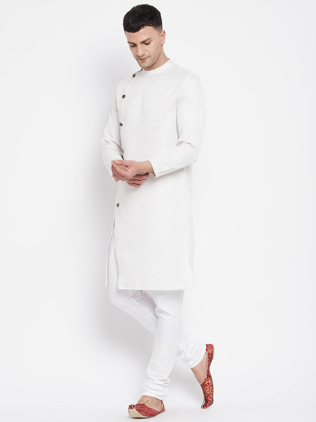Even Apparels White Rayon Men's Sherwani Kurta With Asymetrical Cut | Swadesiicart