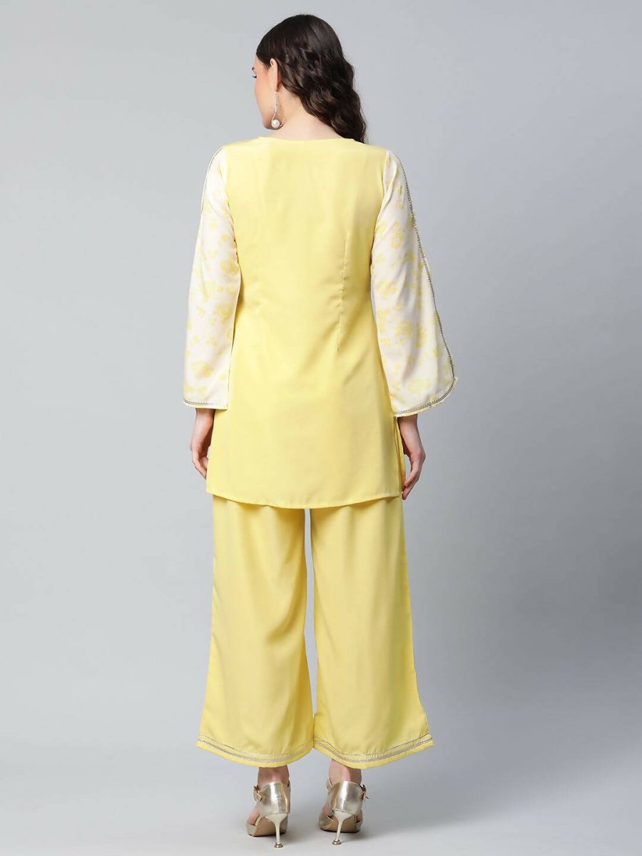 Ahalyaa Womens Yellow Crepe Printed Top Palazzo Set | Swadesiicart