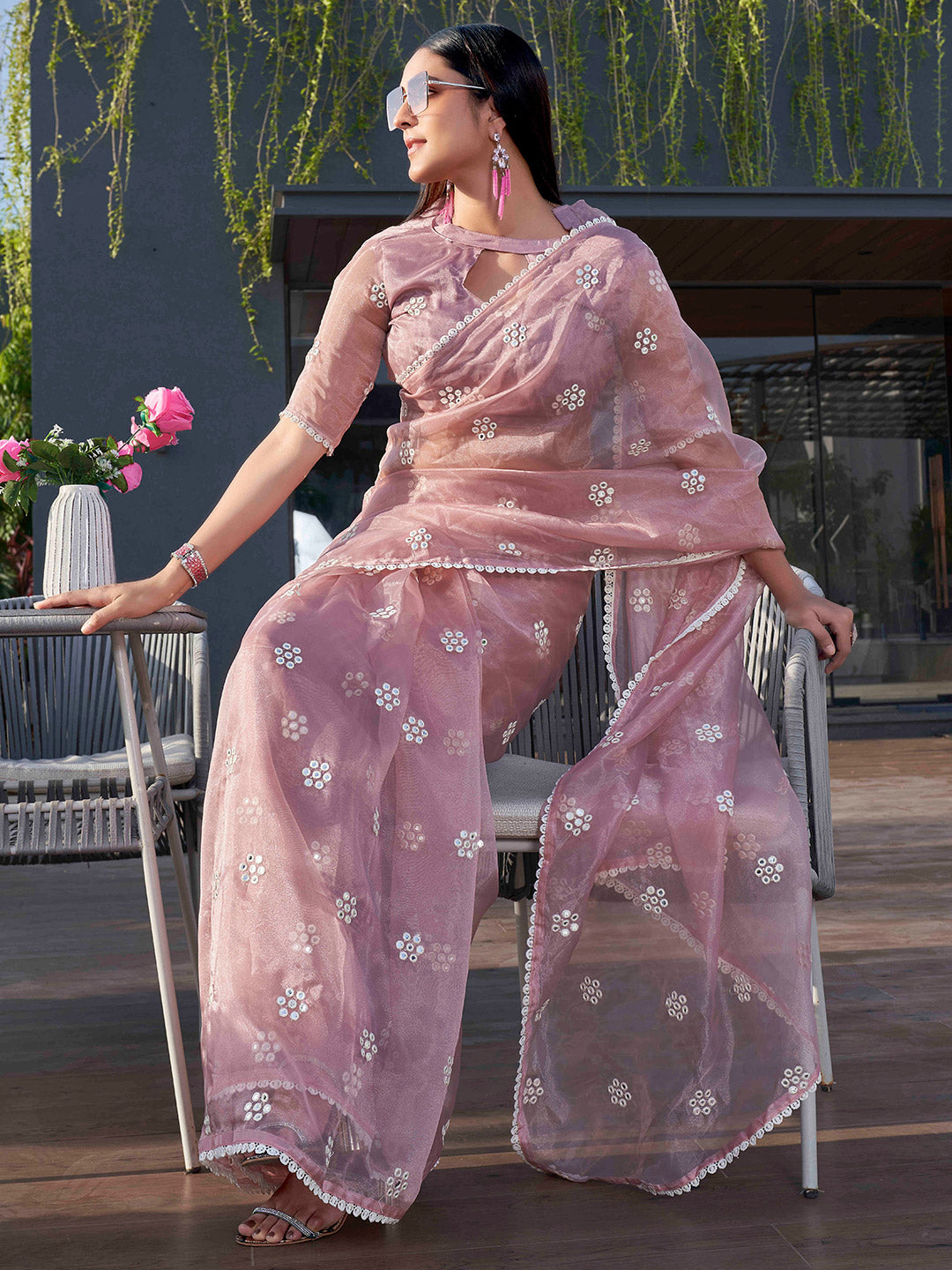 Tikhi Imli Pink Floral Embroidered Mirror Work Organza Saree | Swadesiicart