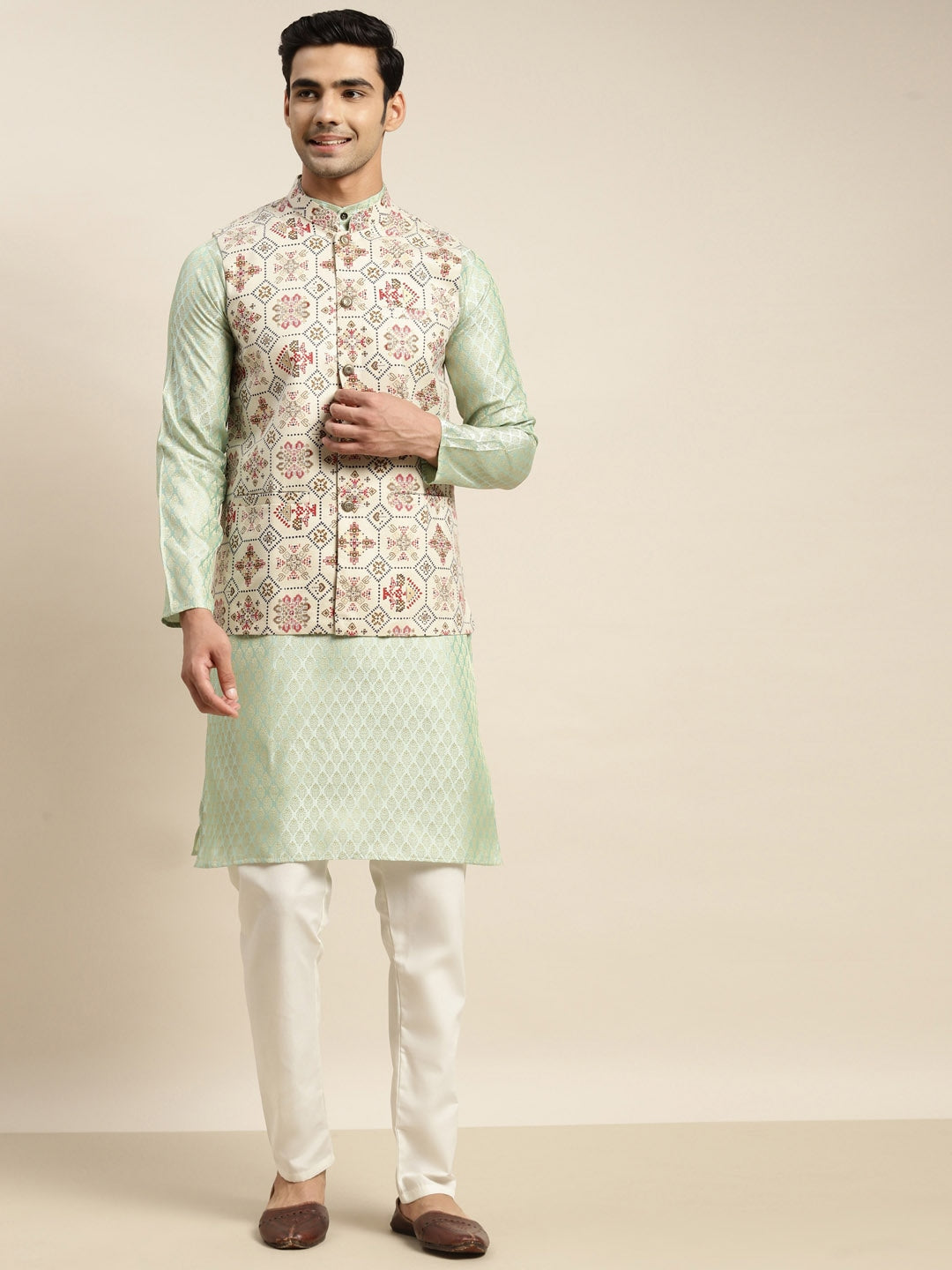 Sojanya Men Green Ethnic Motifs Woven Design Kurta & Churidar Comes With a Nehru Jacket | Swadesiicart