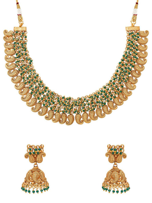 Aadita Gold-Polished Green Pearls Beaded Choker Jewellery Set | Swadesiicart