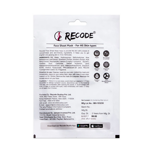 Recode Face Sheet Mask For Glowing & Brightened Skin - Swadesiicart