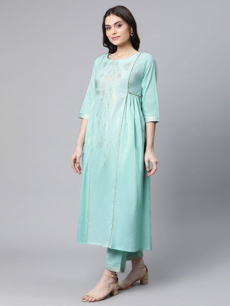 Ahalyaa Women Sea Green Colour Pure Cotton Gold Foil Print Kurta Pant Set | Swadesiicart