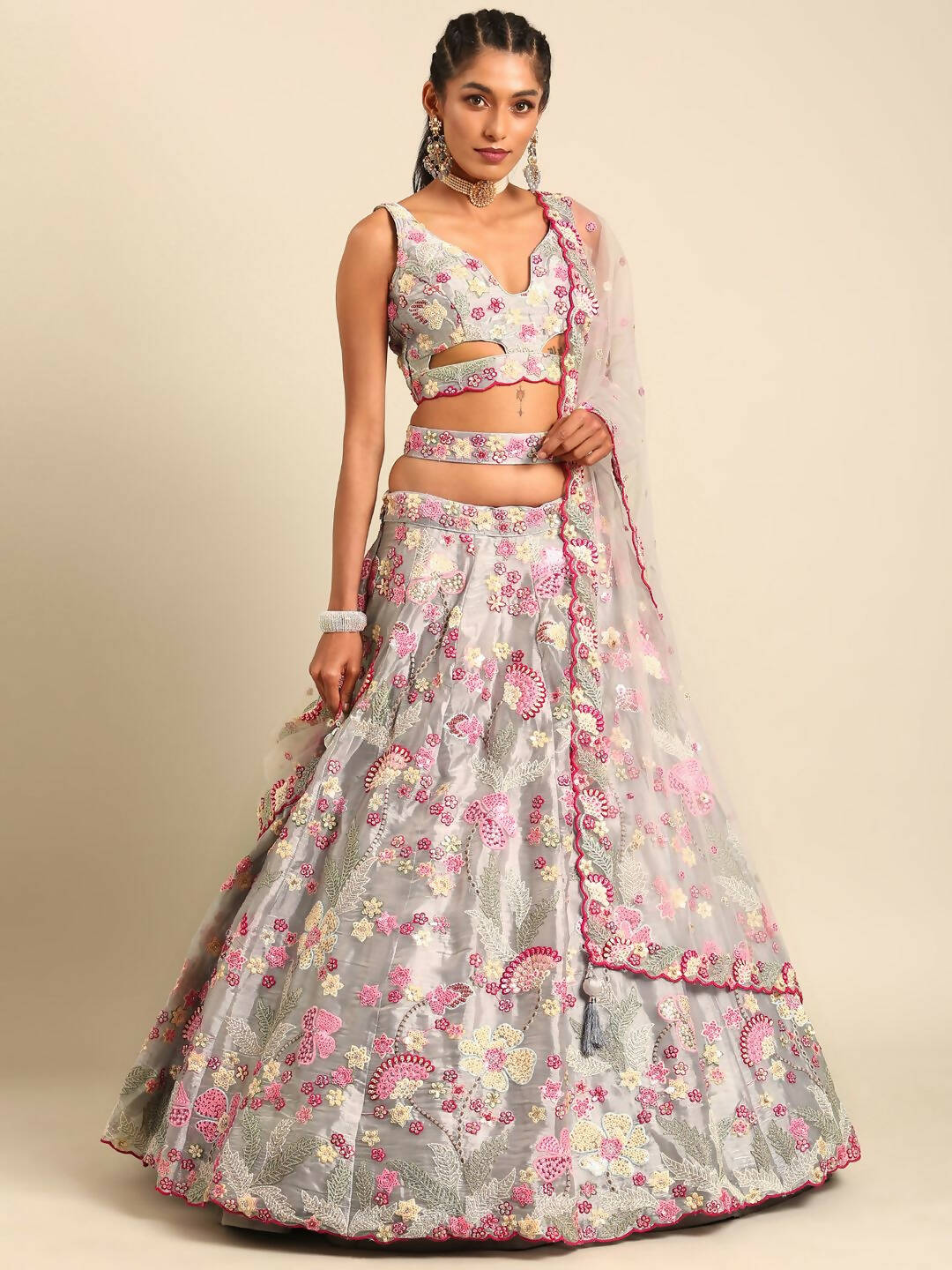 House of Panchhi Grey Organza Sequins and Zarkan embroidery Lehenga choli & Dupatta | Swadesiicart