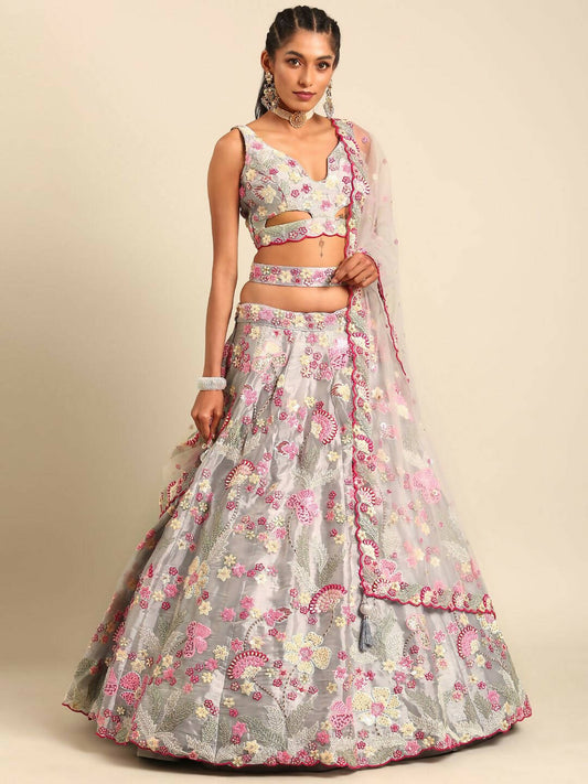 House of Panchhi Grey Organza Sequins and Zarkan embroidery Lehenga choli & Dupatta | Swadesiicart