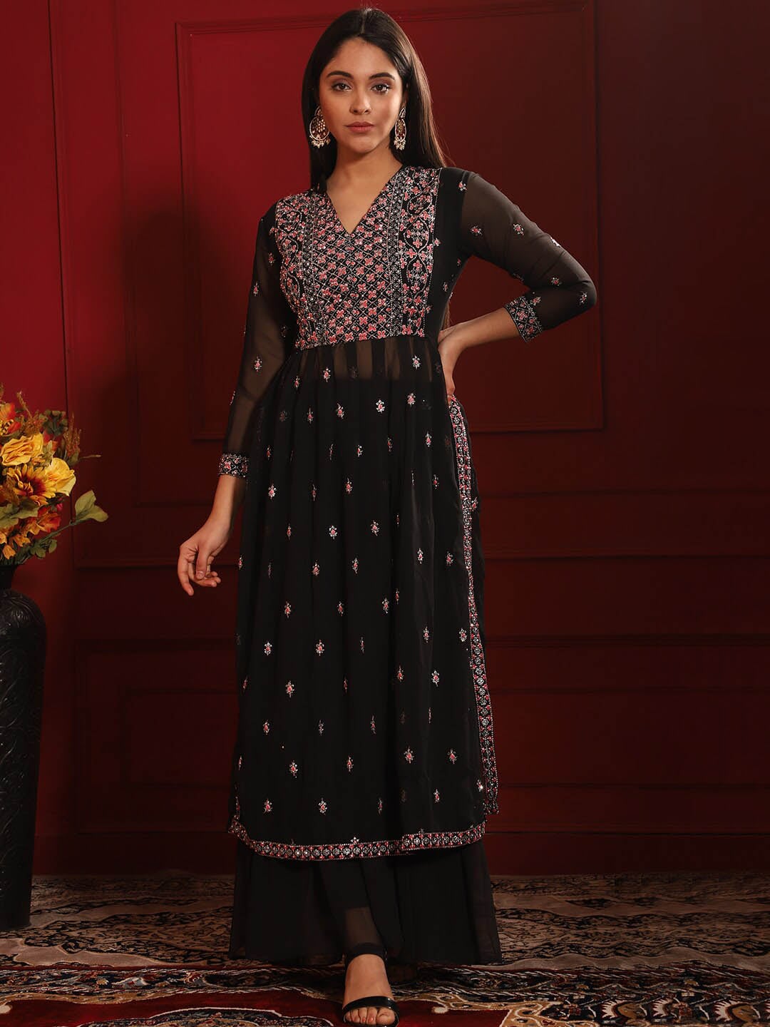 Kalini Embroidered Pleated Thread Work Kurta with Sharara | Swadesiicart
