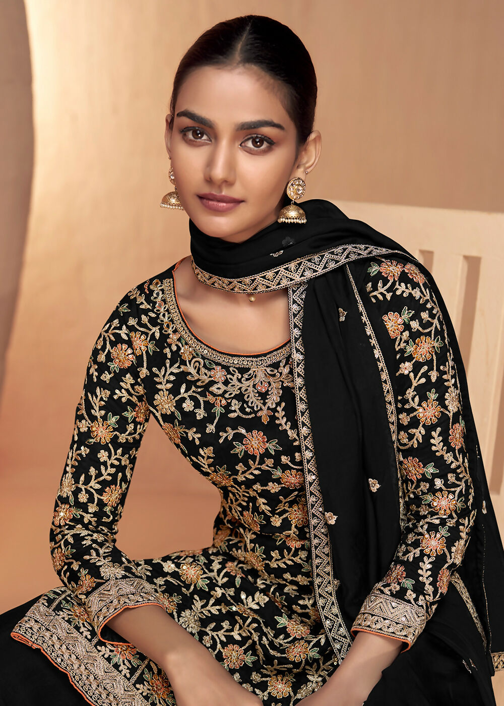 Black Real Chinnon Embroidered Wedding Festive Palazzo Suit - Emponline | Swadesiicart
