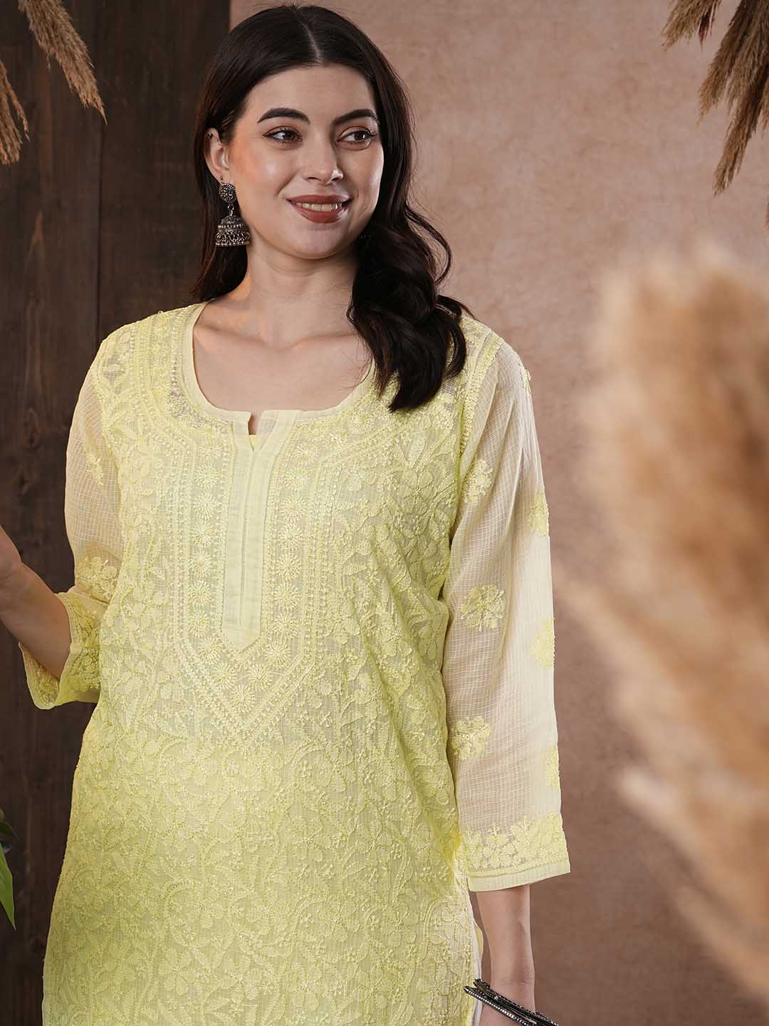 ADA Women Yellow & White Hand Embroidered Chikankari Sustainable Kota Handloom Kurta With Matching Slip | Swadesiicart