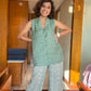 trueBrowns Light Green Bandhani Printed Silk Sleevesless Jacket Pant Set | Swadesiicart