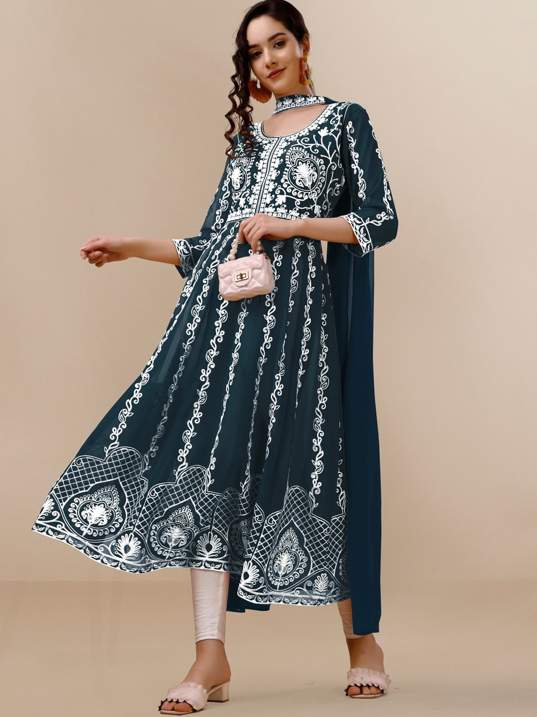 HERE&NOW Teal & White Ethnic Motifs Embroidered Chikankari Kurta & Dupatta | Swadesiicart