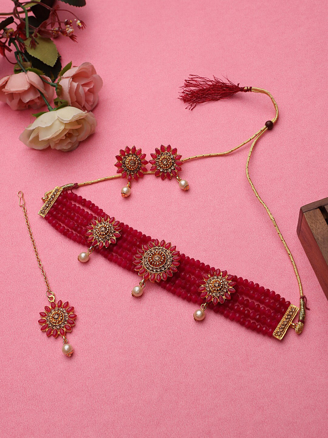 Cardinal Gold-Toned & Pink Onyx-Studded & Beaded Jewellery Set - Swadesiicart