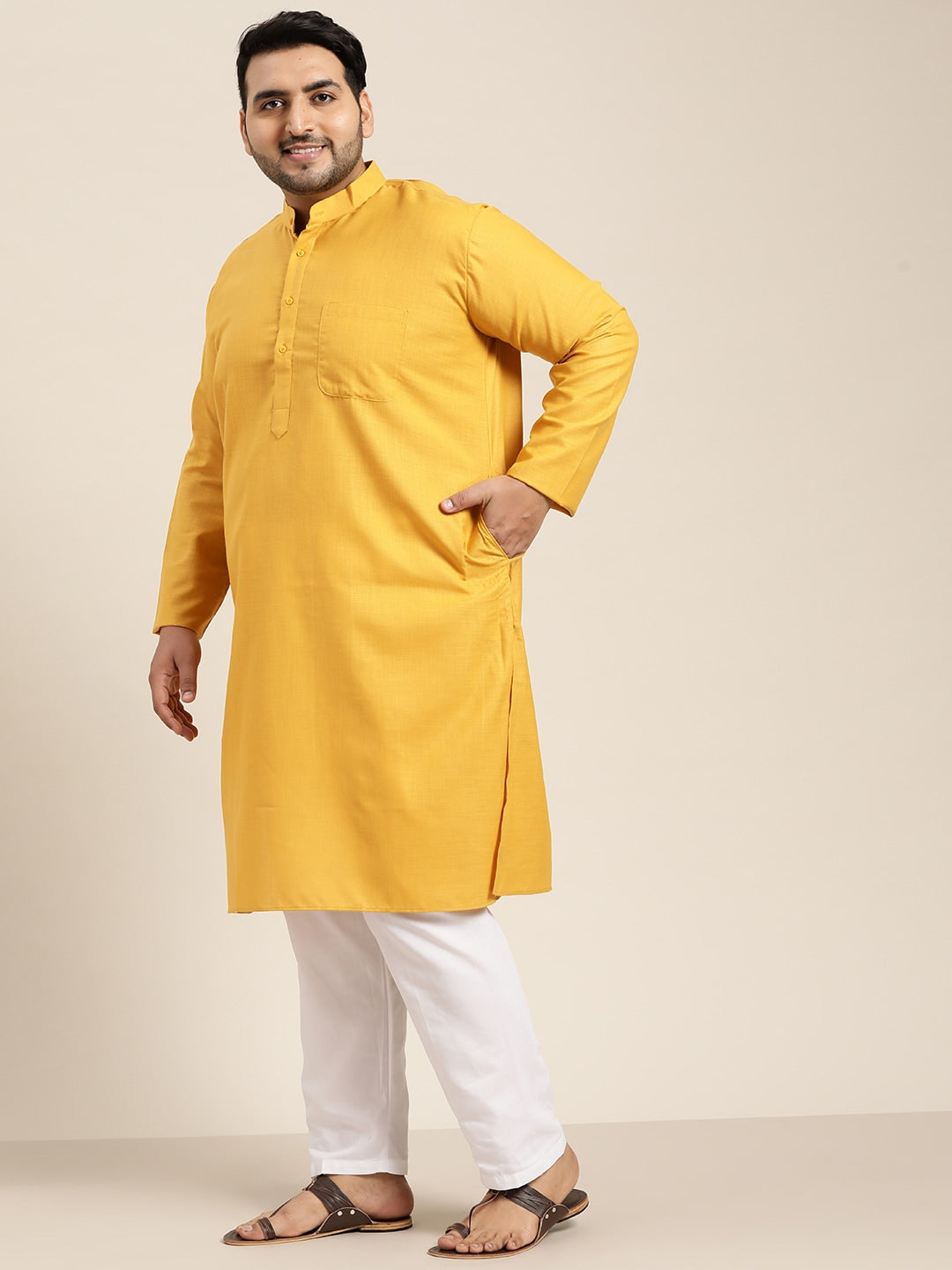 Sojanya Plus Size Men Mustard Yellow Pure Cotton Kurta | Swadesiicart