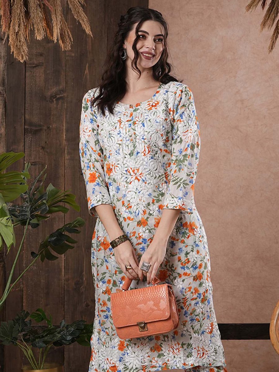 ADA Floral Printed Round Neck Regular Lucknowi Chikankari Kurta with Trousers | Swadesiicart