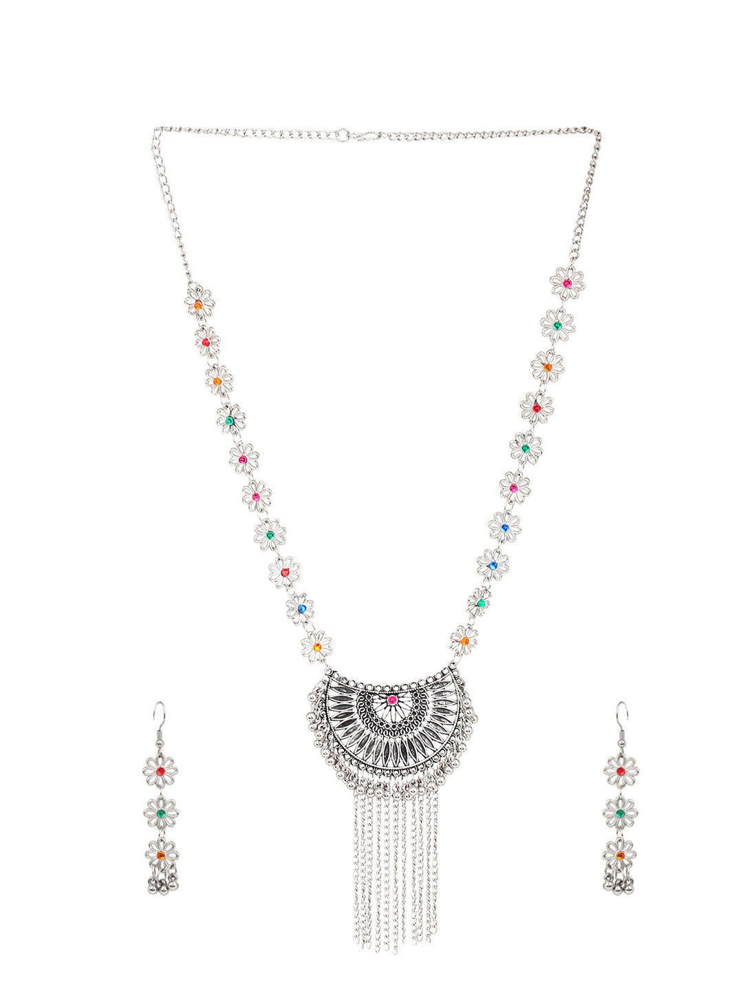 Cardinal Women Silver-Toned Pink & Yellow Stone Studded Jewellery Set - Swadesiicart