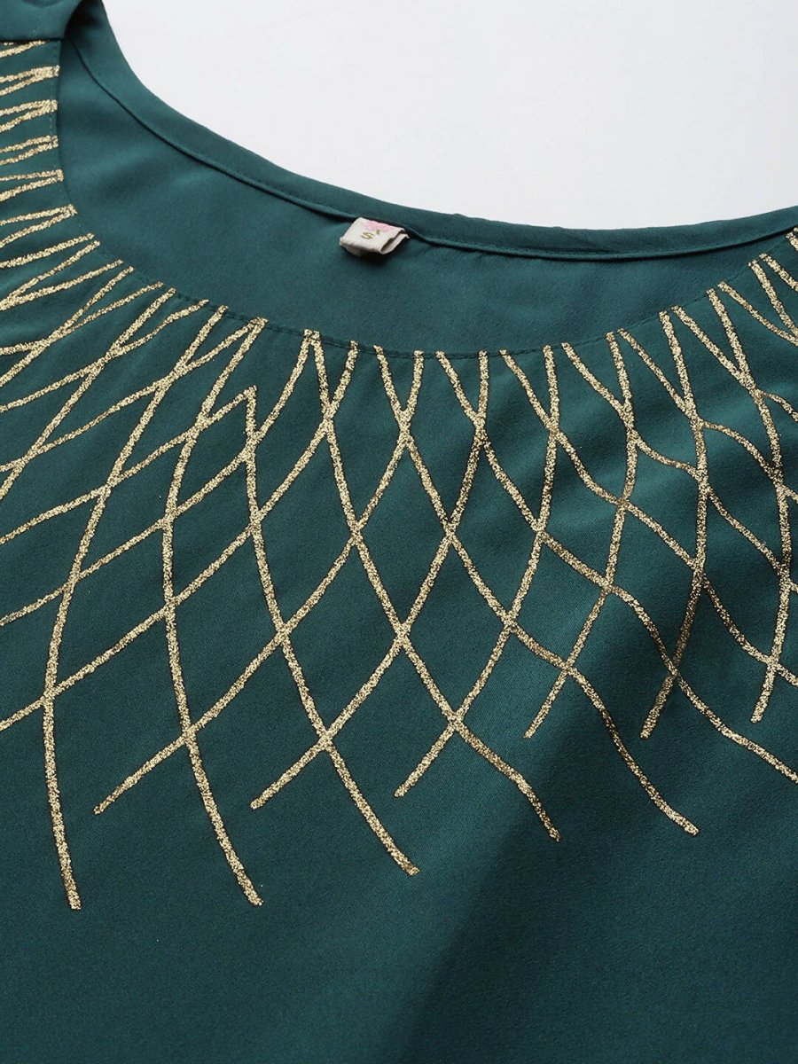 Ahalyaa Green Yoke Geometric Printed High Slit Sequinned Kurti with Sharara | Swadesiicart