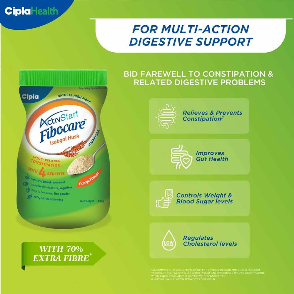 Cipla Fibocare Isabgol Husk Powder | Sugar Free - Orange Flavor - Swadesiicart
