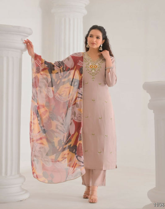 Ethnic Festive Wear Chanderi with Cotton Lining Beige Stitched Suit With Dupatta - Tanisha | Swadesiicart