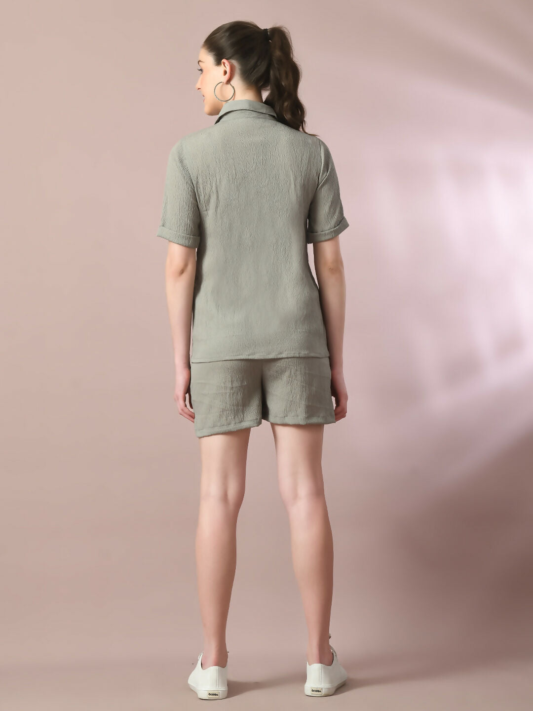 Myshka Women's Grey Solid Shirt Collar Party Shirt With Shorts Co-ord set - Swadesiicart