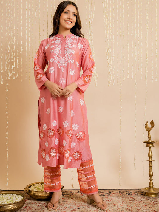 HOUSE OF KARI Ethnic Motifs Embroidered Chikankari Straight Chanderi Silk Kurta | Swadesiicart