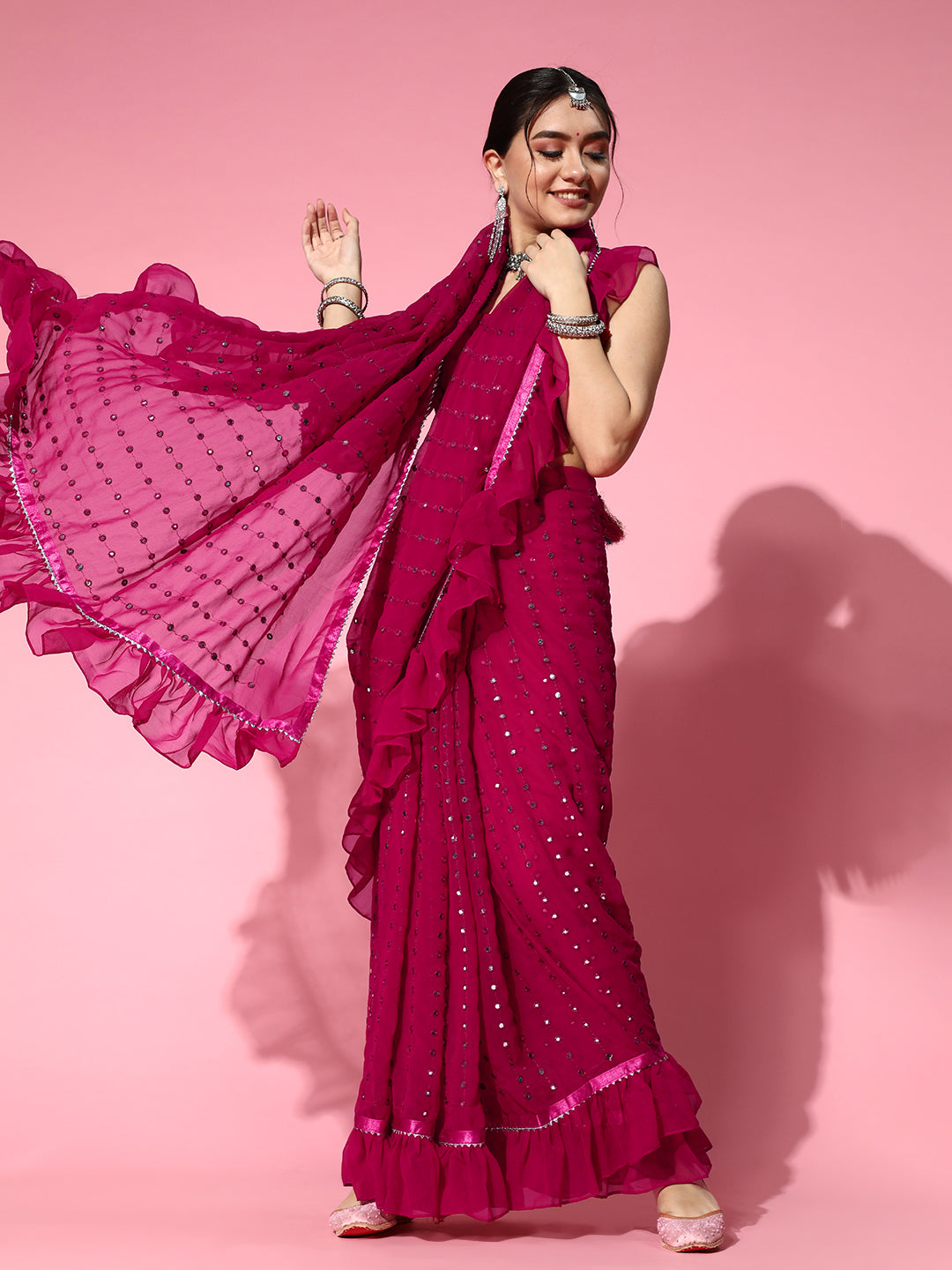 Tikhi Imli Embellished Poly-Georgette Saree with Solid border | Swadesiicart