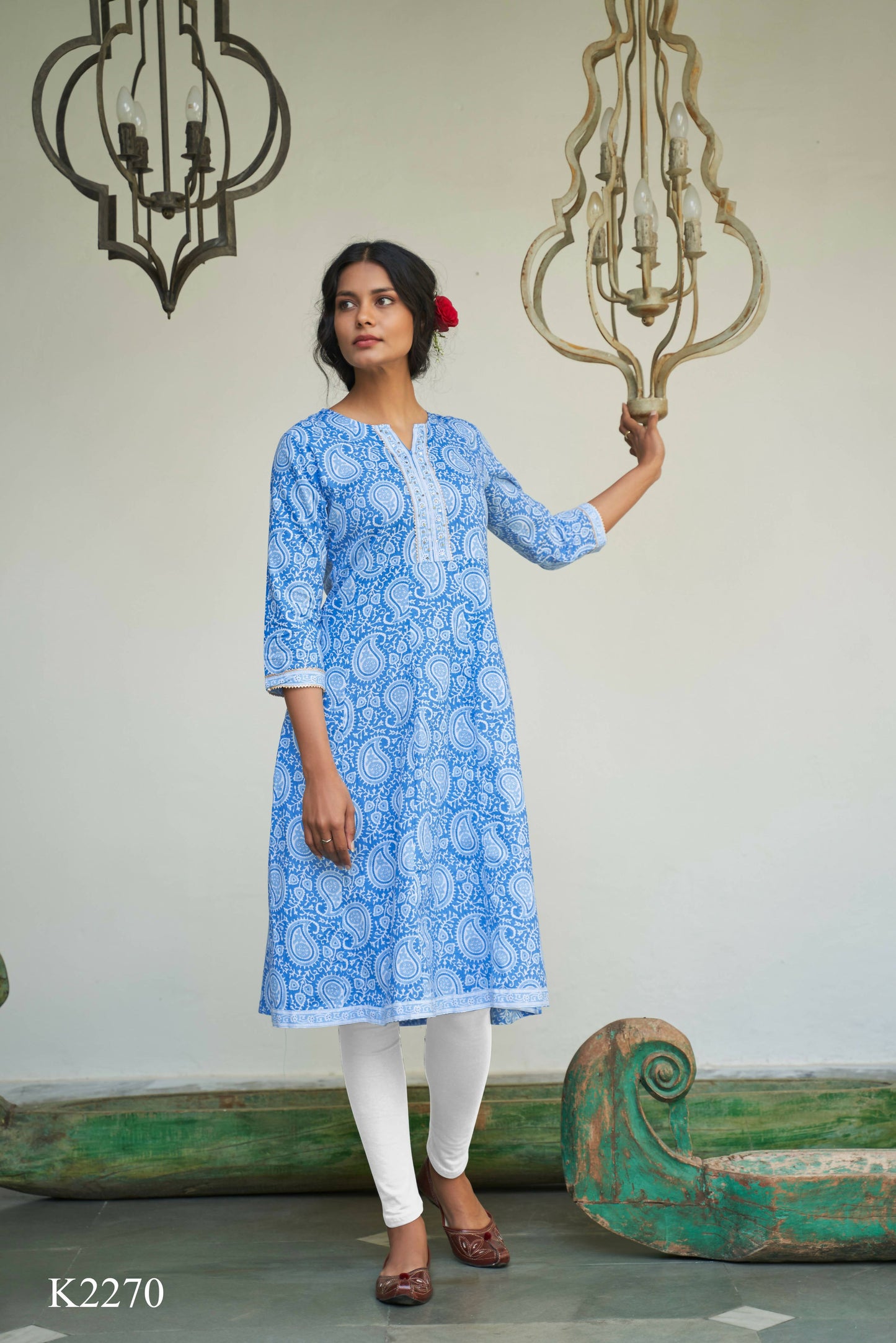 Blue Cotton Paisley Printed A line Kurta - Prasuti