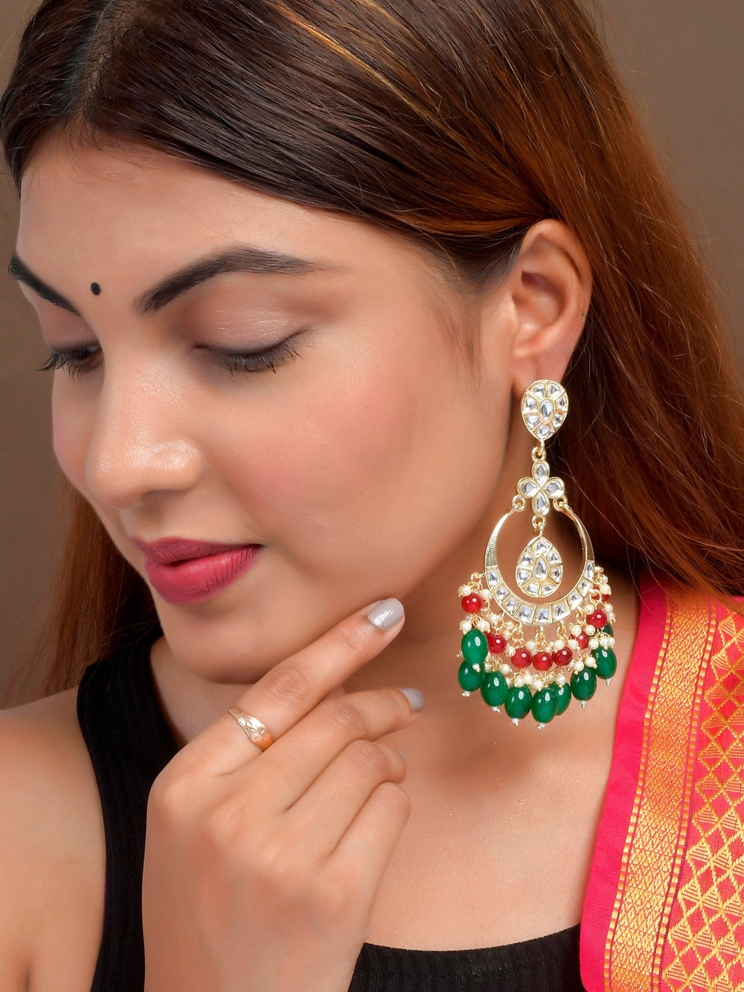 Shoshaa Green Contemporary Kundan Chandbalis Earrings | Swadesiicart