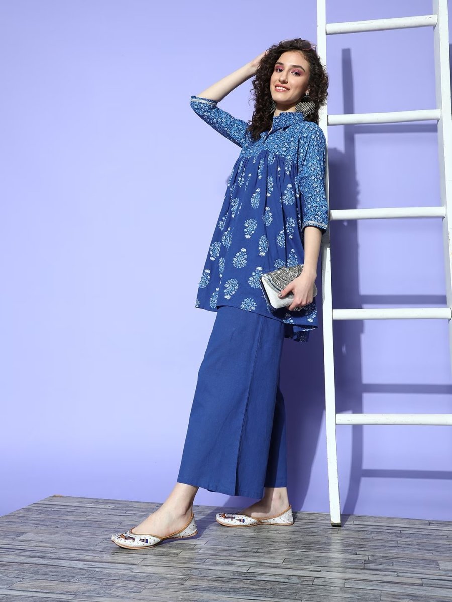 Ahalyaa Blue Pure Cotton Tunic & Palazzos Ethnic Co-Ords - Swadesiicart