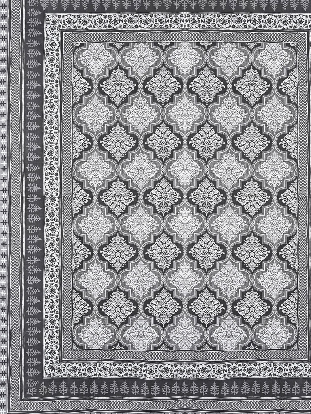 Urban Magic Grey & White Ethnic Printed Cotton 104 TC King Bedsheet with 2 Pillow Covers - Swadesiicart