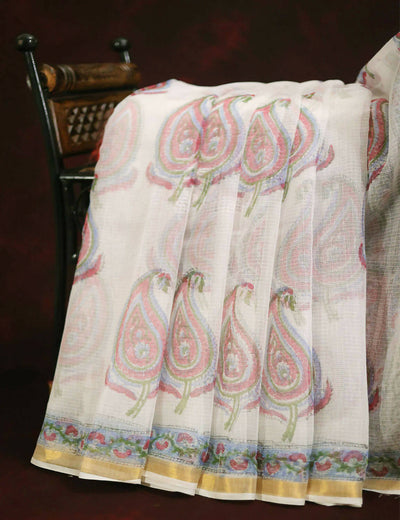 Off White Mango Block Design Pure Kota Cotton Saree By Gayathri Reddy Designer Studio