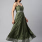 Ahalyaa Women Olive Poly Silk Silver Foil Printed Dress | Swadesiicart