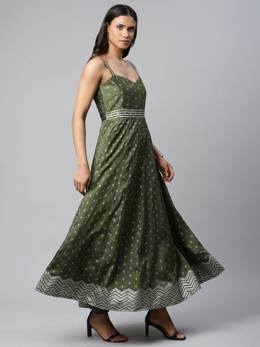 Ahalyaa Women Olive Poly Silk Silver Foil Printed Dress | Swadesiicart