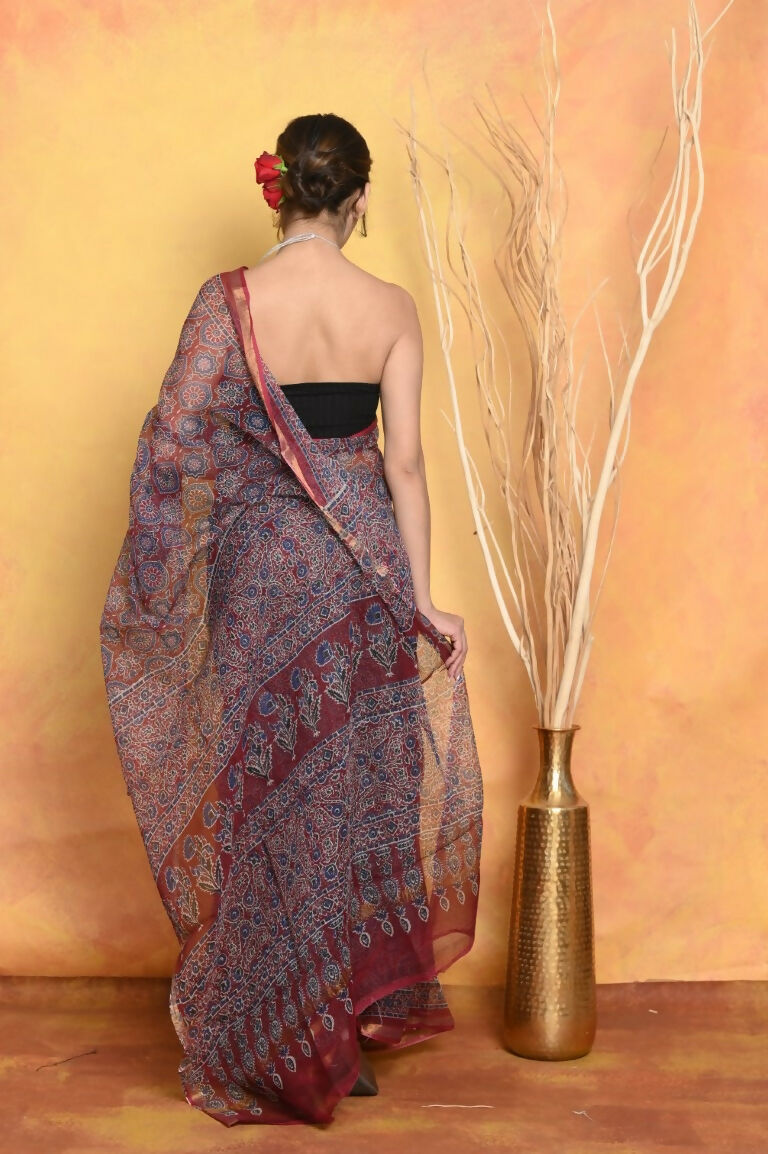 Very Much Indian Pure Kota Cotton Handblock Printed Saree - Grey | Swadesiicart