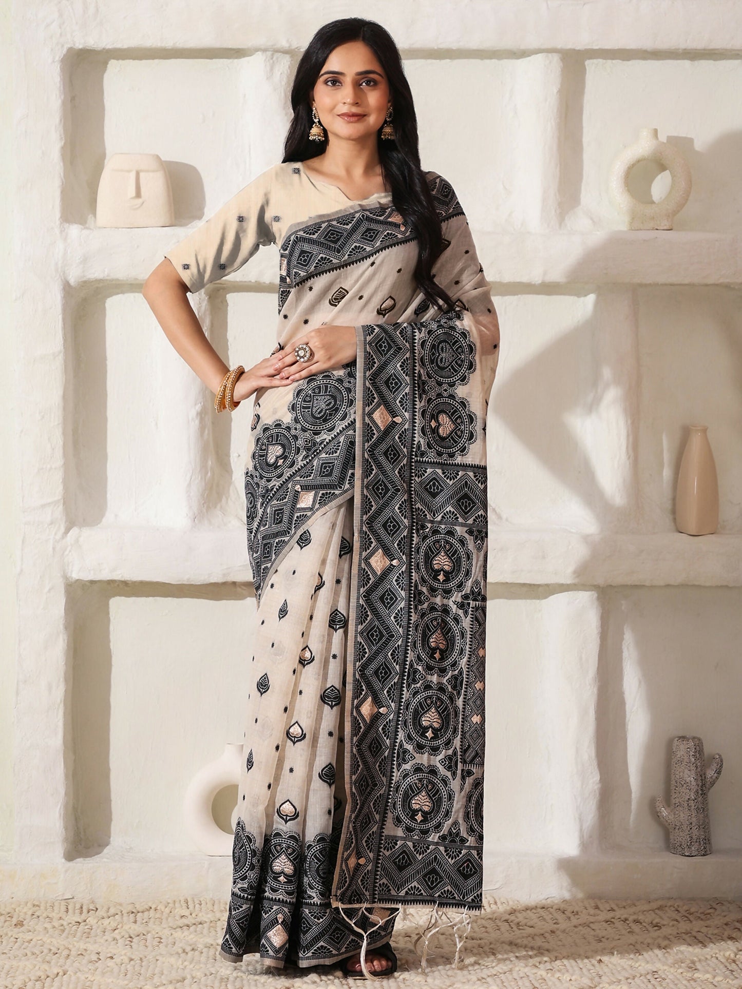 Shree Shyam Fashion Linen Cotton Black & Cream Saree
