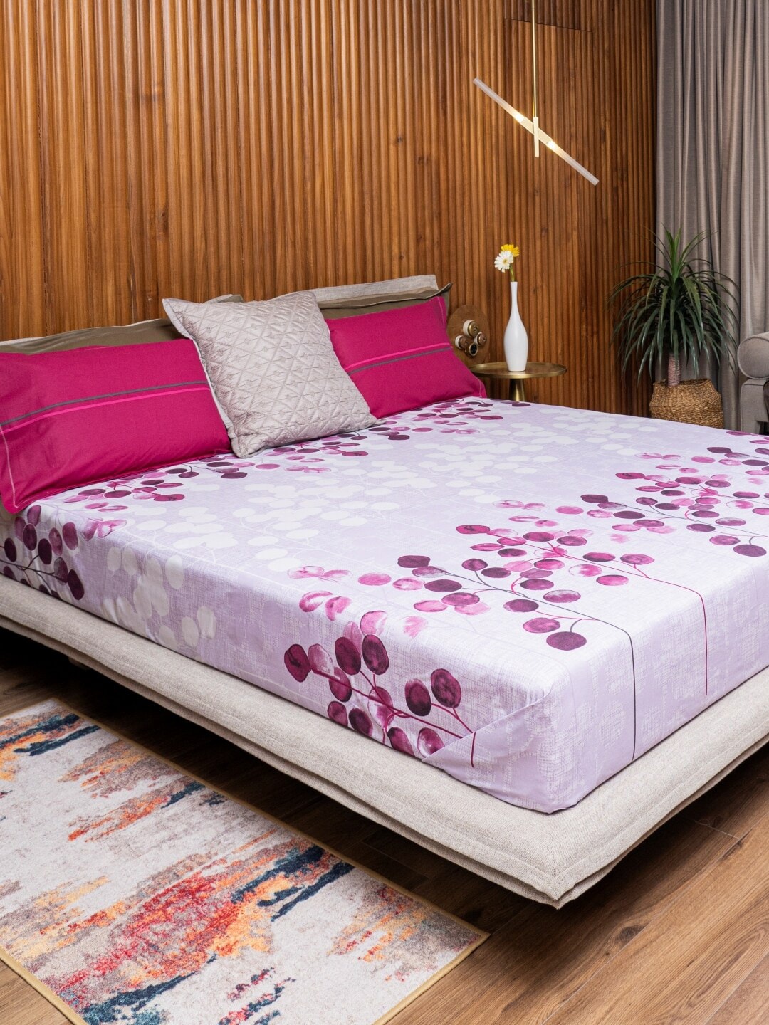 URBAN SPACE Divine Purple Floral 144 TC Pure Cotton Queen Bedsheet With 2 Pillow Covers - Swadesiicart