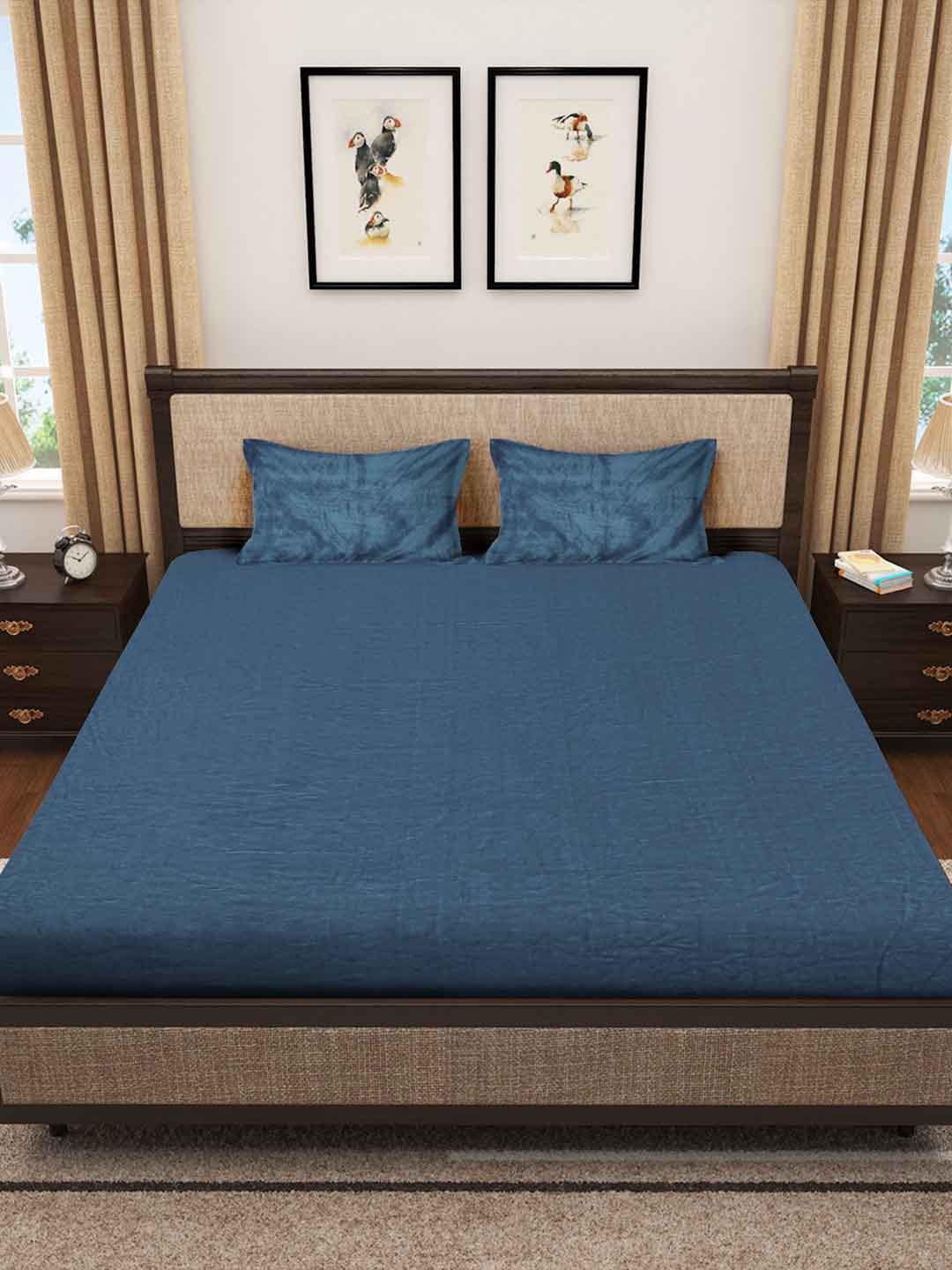 KLOTTHE Turquoise Blue 300 TC Woolen Fitted King Bedsheet With 2 Pillow Covers - Swadesiicart