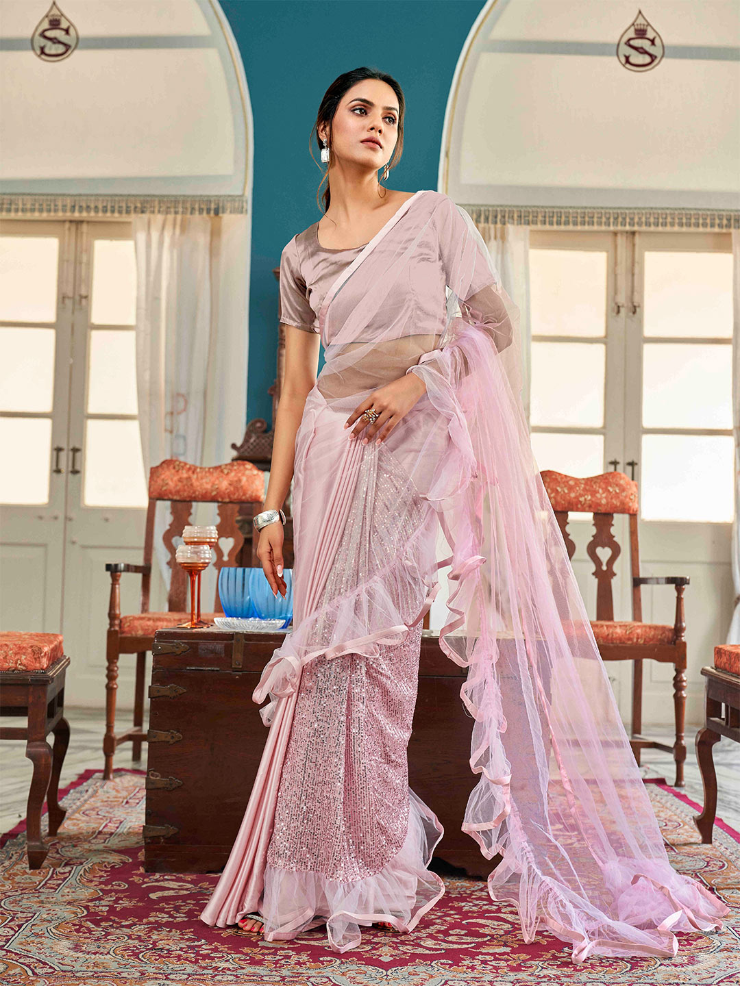 Tikhi Imli Floral Sequinned Satin Half and Half Saree | Swadesiicart