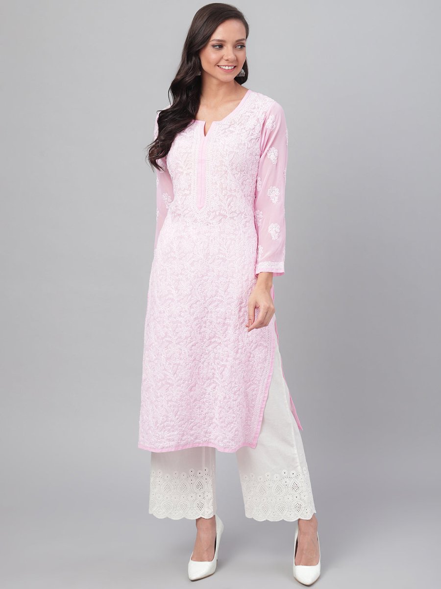 ADA Women Pink & White Chikankari Hand Embroidered Straight Sustainable Handloom Kurta | Swadesiicart