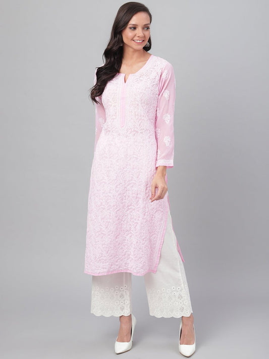ADA Women Pink & White Chikankari Hand Embroidered Straight Sustainable Handloom Kurta | Swadesiicart