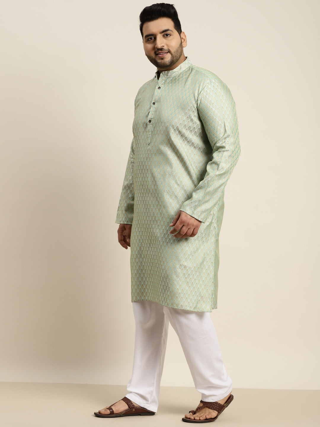Sojanya Plus Men Green Jacquard Self Design Kurta with Pyjamas | Swadesiicart
