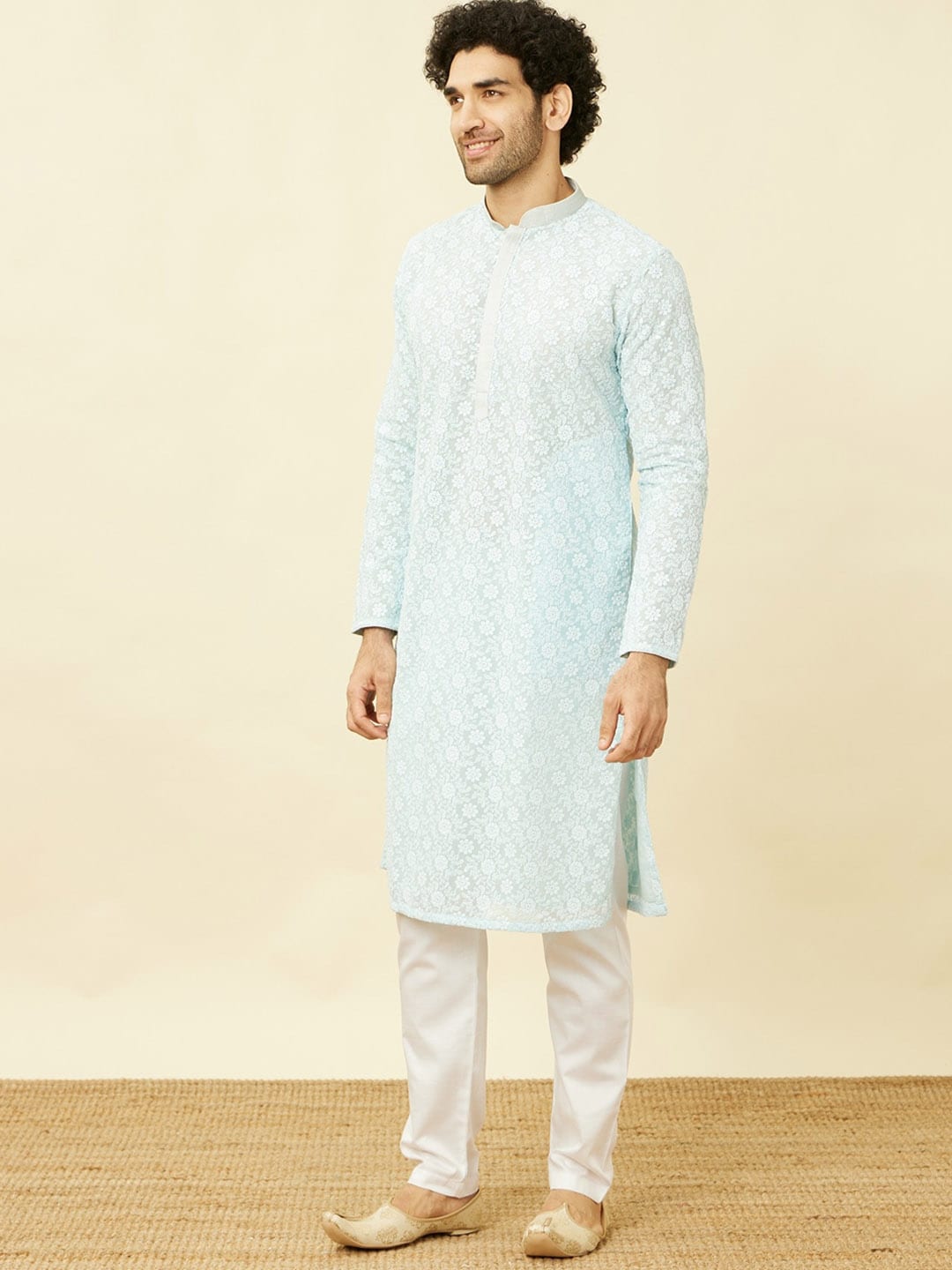 Manyavar Floral Chikankari Embroidered Regular Thread Work Kurta With Pyjamas | Swadesiicart