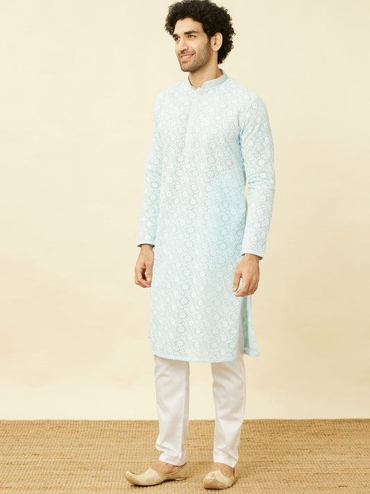 Manyavar Floral Chikankari Embroidered Regular Thread Work Kurta With Pyjamas | Swadesiicart