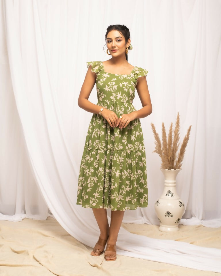 FIORRA Women's Mehandi Green Georgette Floral Printed Dress - Swadesiicart