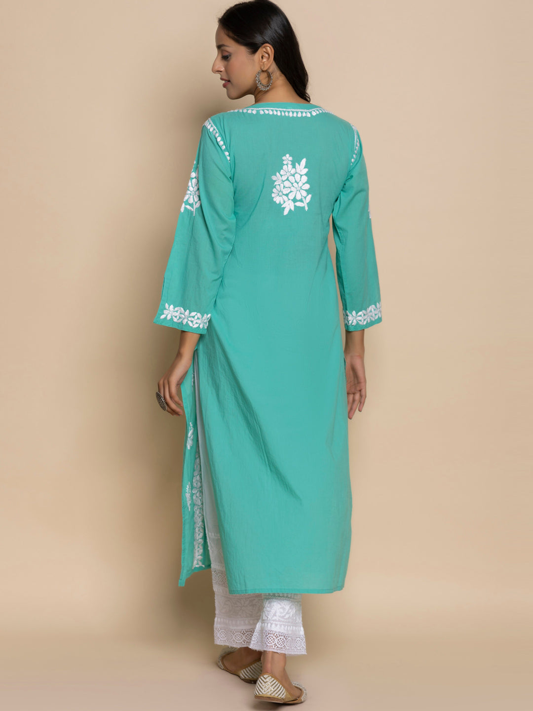 HOUSE OF KARI Floral Embroidered Chikankari Cotton A-Line Kurta | Swadesiicart