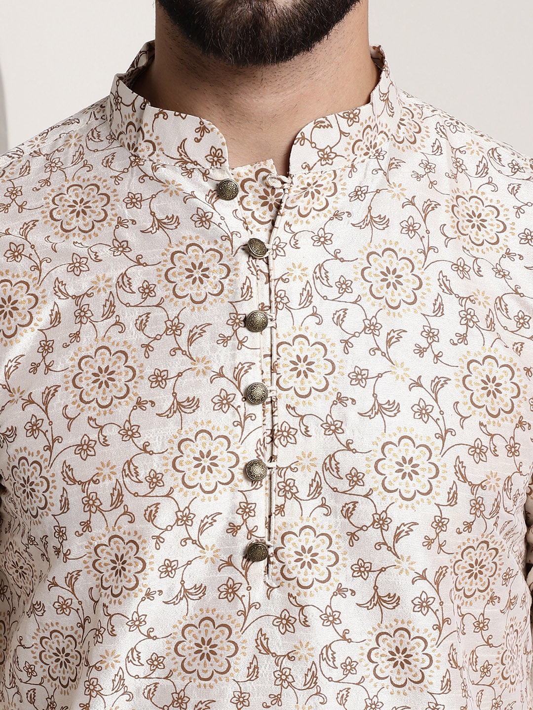 Sojanya Men Cream-Coloured & Brown Silk Cotton Printed Regular Kurta with Churidar | Swadesiicart