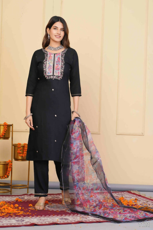Black Rayon Slub Embroidered Stitched Suit With Dupatta - Tanisha | Swadesiicart